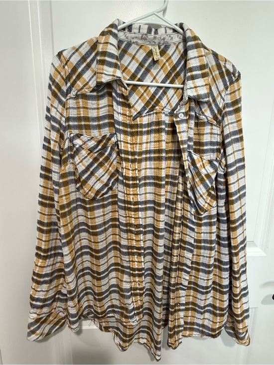 Free People Tops - Free People Mustard Yellow Gray Plaid Button-Down Shirt